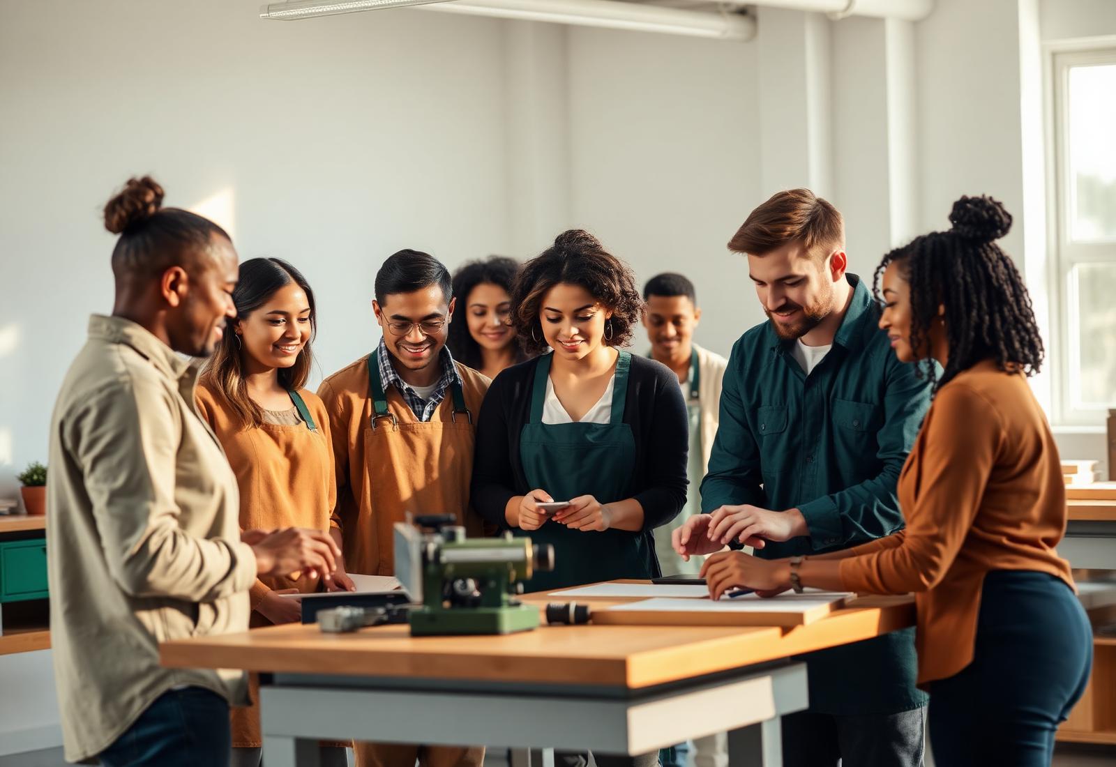 Diverse adult learners and workers collaborating in a training classroom